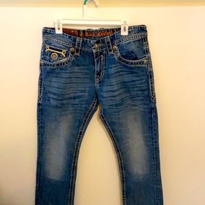 Rock Revival Men’s jeans. Worn blue. Size 32/33. Francis straight leg.